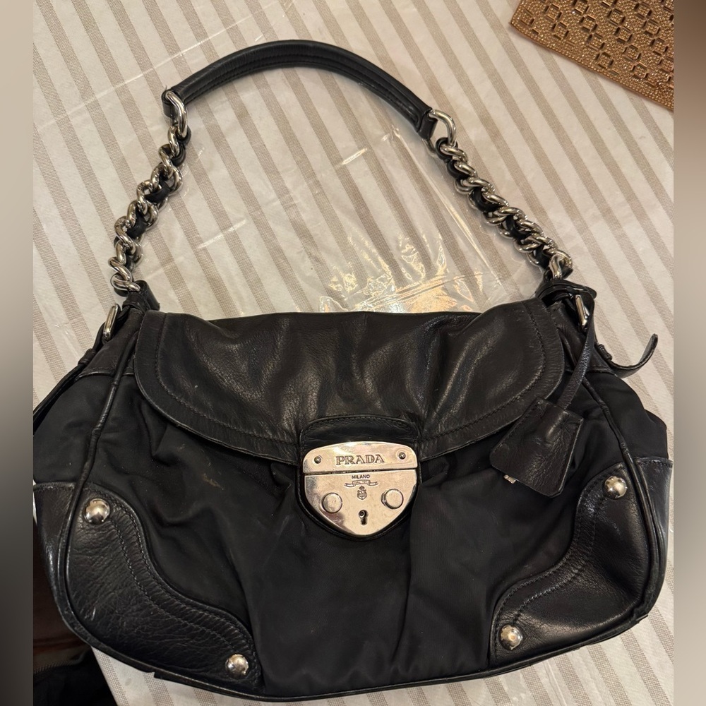 Prada Black Leather Shoulder Bag with Silver Chain